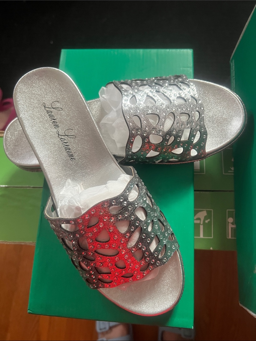 Lauren Lorraine Silver Crystal Cutout Slide Sandals NEW